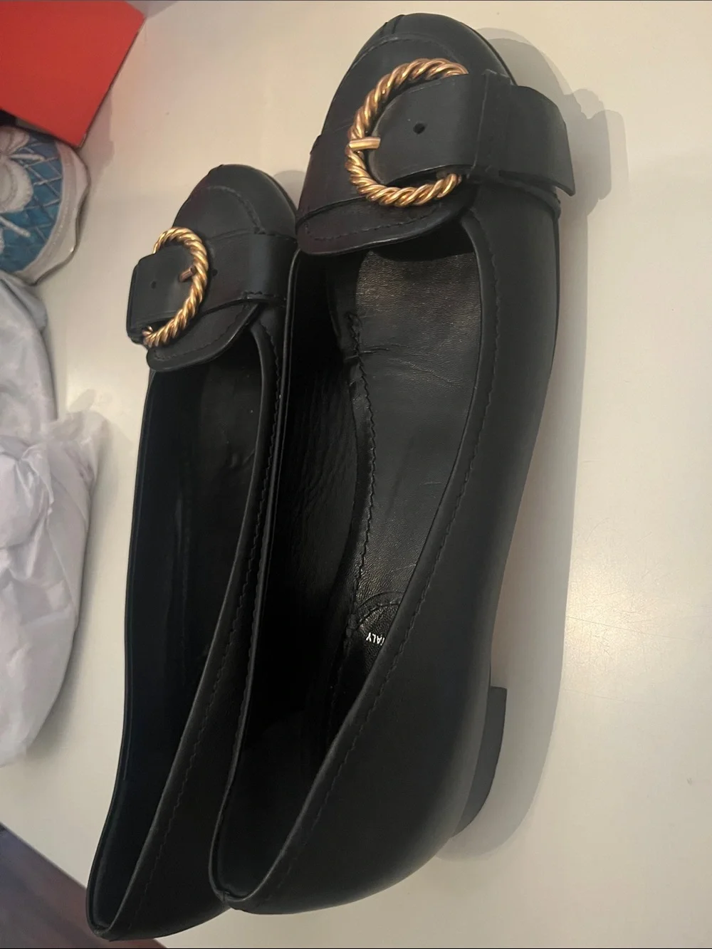 Miu Miu Black Leather Ballet Flats with Gold Rope Buckle